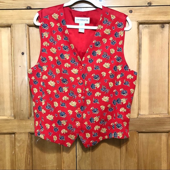 LIZ CLAIBORNE Collection Christmas Vest Sz 14 Red Multi Poinsettias - Picture 4 of 6